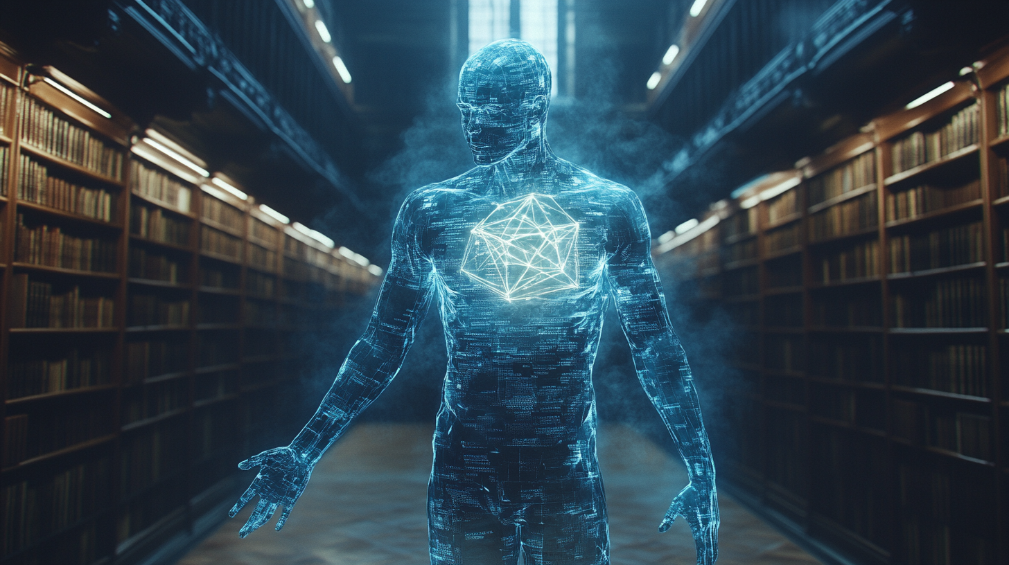 Full-body translucent humanoid figure composed of illegible text, glowing polyhedron heart, standing alone in infinite library — Midjourney render
