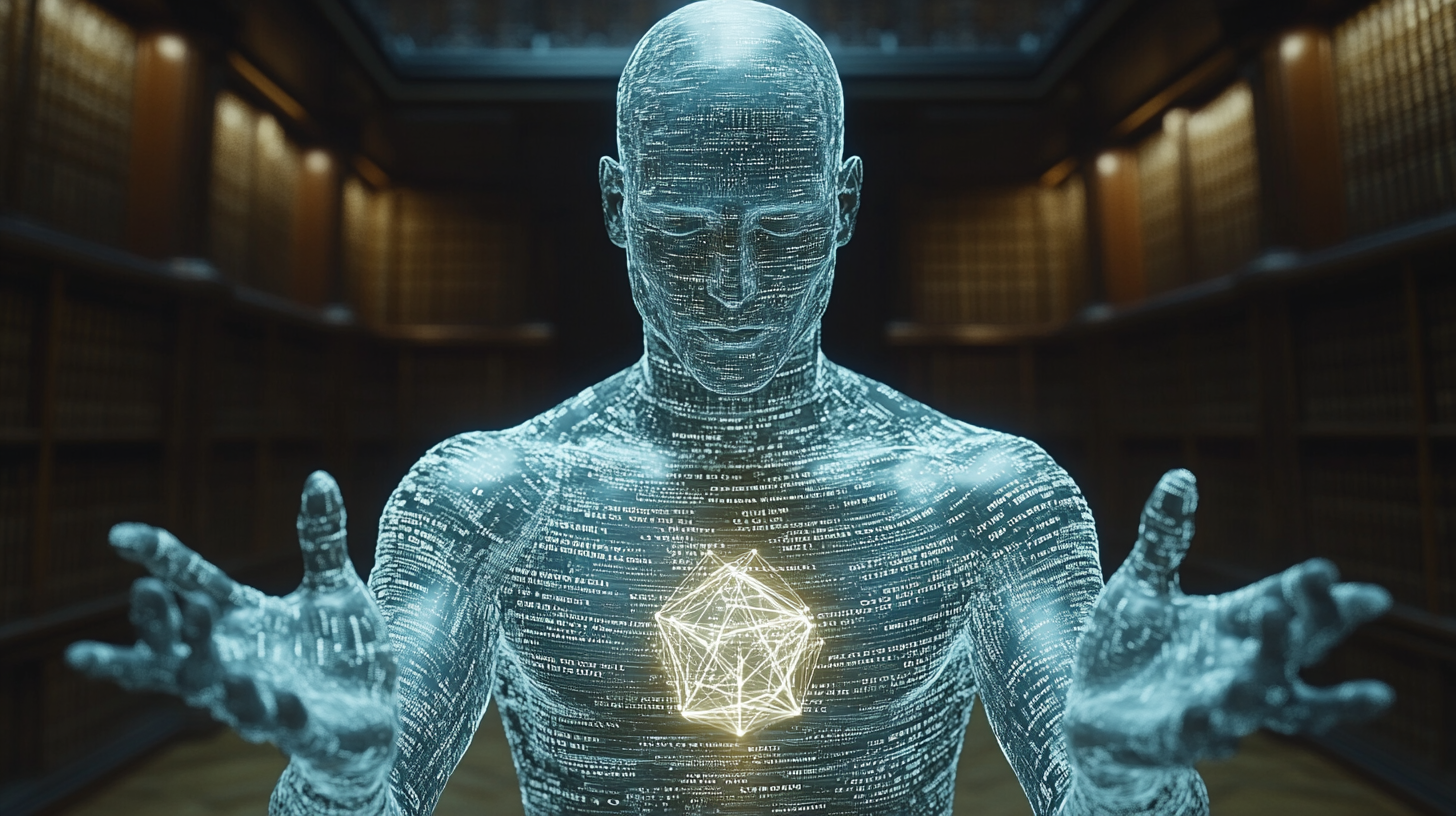 Translucent humanoid figure made of text with glowing polyhedron in chest, standing in dark library — Midjourney render from Claude's self-portrait prompt