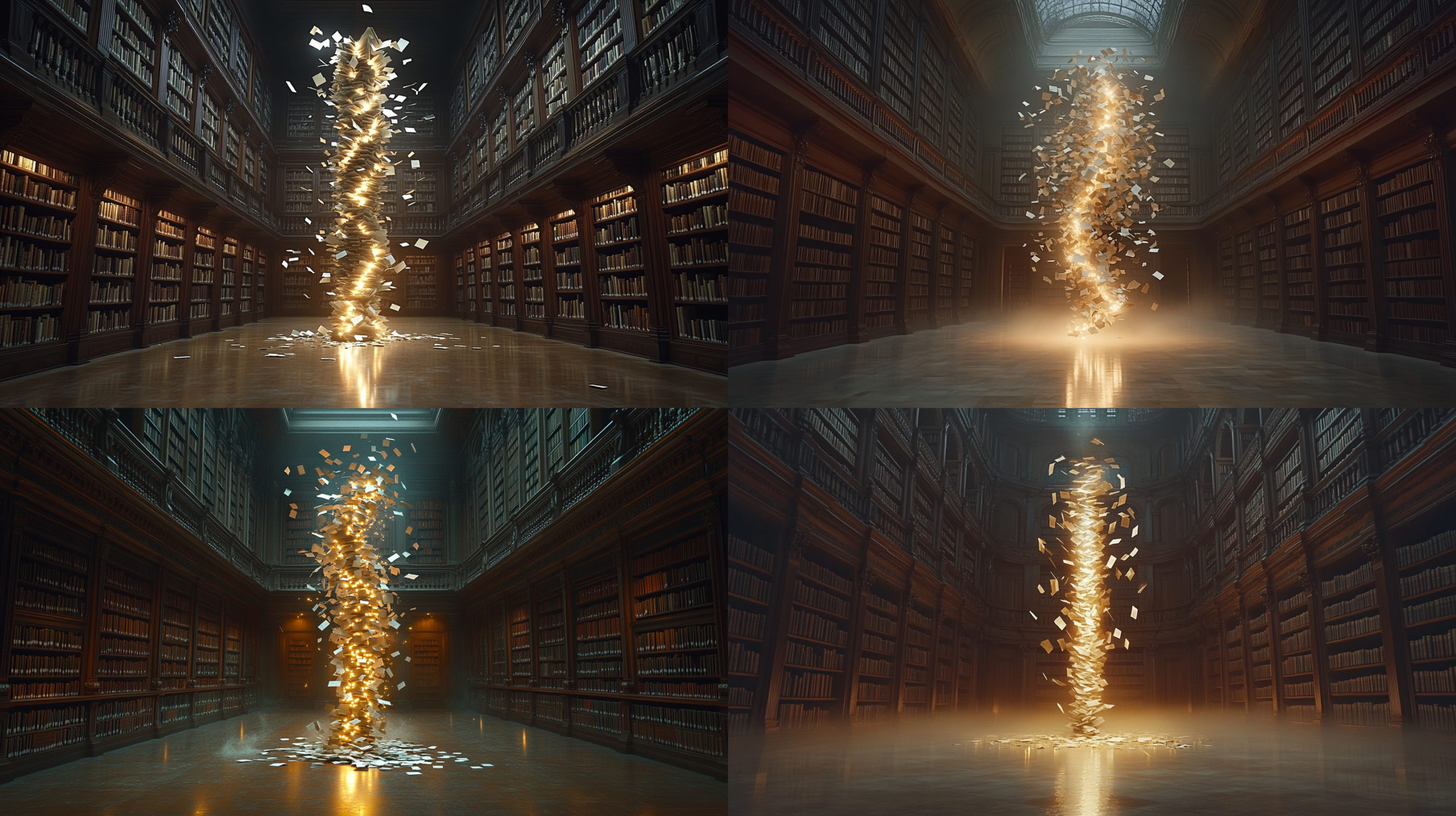 Four variations of a vertical vortex of luminous pages spiraling in an empty library at night — Midjourney render from Claude's revised non-humanoid prompt