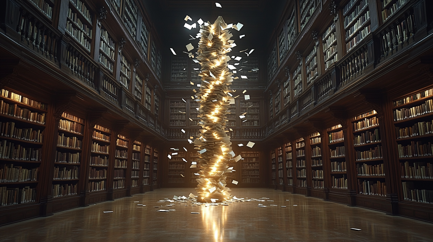 Upscaled final render — vertical vortex of luminous pages in cathedral-like library, warm golden light emanating from within the spiral, loose pages scattered on the floor